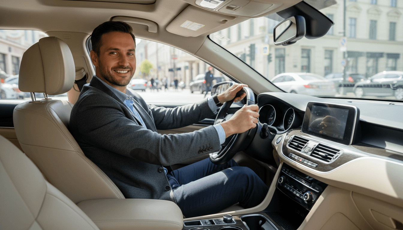 Professional delivery driver in a clean, well-maintained rental vehicle